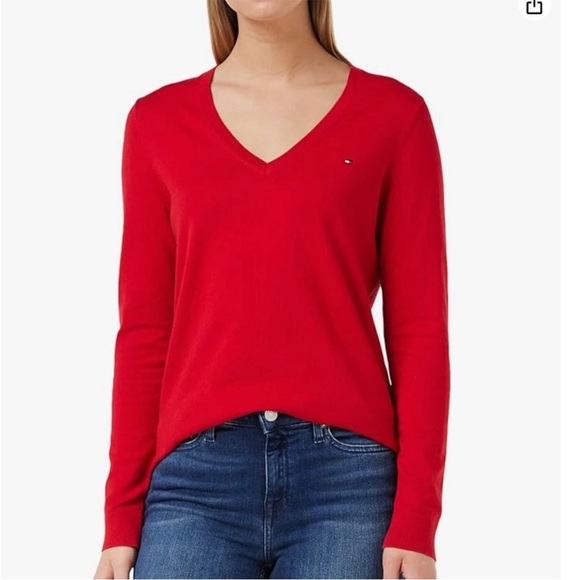 Tommy Hilfiger Sweaters - Tommy Hilfiger Red V-Neck Sweater Men’s Size L Logo Knit Pullover